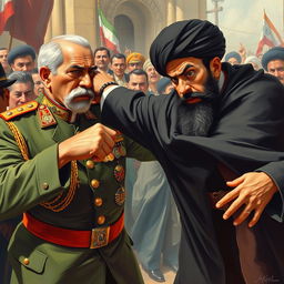 A dramatic scene depicting Mohammad Reza Shah Pahlavi throwing a punch at Ayatollah Khomeini during a tense moment