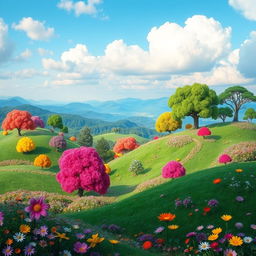 A vibrant and colorful fantasy landscape filled with lush green hills and whimsical trees, bright flowers blooming all around, and a clear blue sky scattered with fluffy white clouds