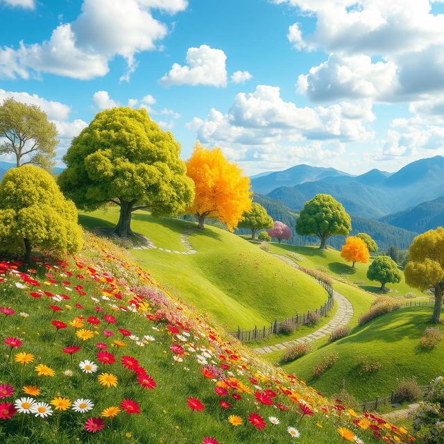 A vibrant and colorful fantasy landscape filled with lush green hills and whimsical trees, bright flowers blooming all around, and a clear blue sky scattered with fluffy white clouds