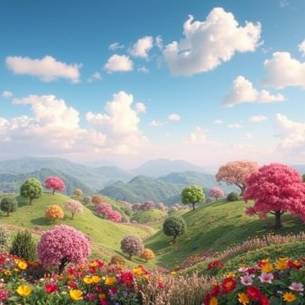 A vibrant and colorful fantasy landscape filled with lush green hills and whimsical trees, bright flowers blooming all around, and a clear blue sky scattered with fluffy white clouds