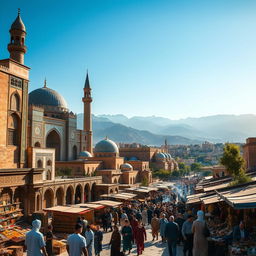 A captivating ancient city of Iran, showcasing intricate Persian architecture with stunning minarets, colorful tiled mosaics, and lush gardens