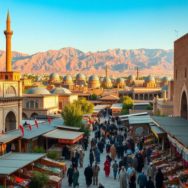 A captivating ancient city of Iran, showcasing intricate Persian architecture with stunning minarets, colorful tiled mosaics, and lush gardens