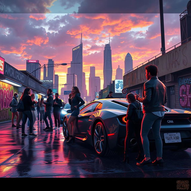 A dynamic scene from a fictional city inspired by the vibrant atmosphere of Grand Theft Auto V