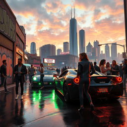 A dynamic scene from a fictional city inspired by the vibrant atmosphere of Grand Theft Auto V