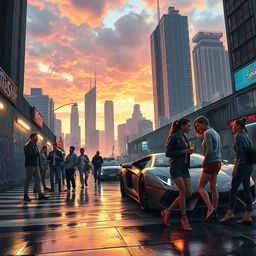 A dynamic scene from a fictional city inspired by the vibrant atmosphere of Grand Theft Auto V