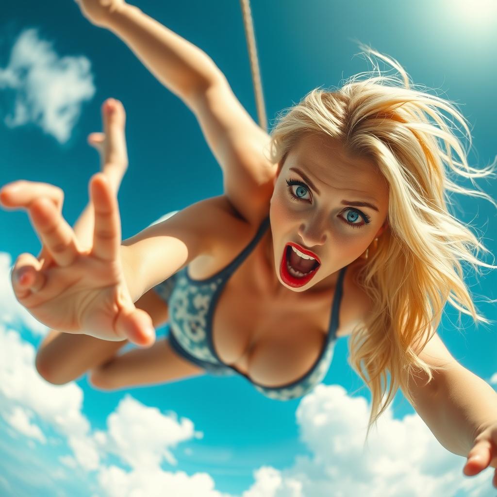 A sexy blonde woman with piercing blue eyes and striking red lips, wearing a stylish bikini, is gracefully falling from a bright blue sky