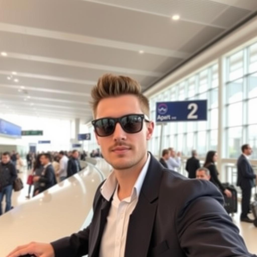 A stylish man wearing sunglasses at Yazd Airport, standing confidently behind a sleek check-in counter