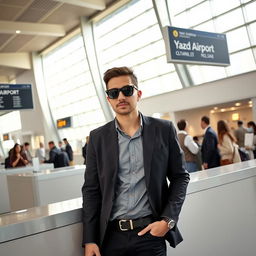 A stylish man wearing sunglasses at Yazd Airport, standing confidently behind a sleek check-in counter