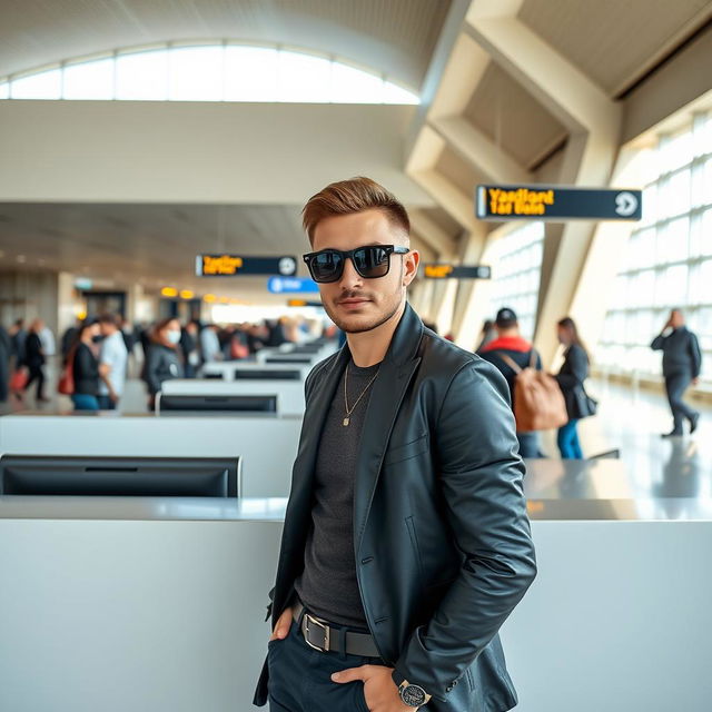 A stylish man wearing sunglasses at Yazd Airport, standing confidently behind a sleek check-in counter