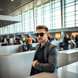 A stylish man wearing sunglasses at Yazd Airport, standing confidently behind a sleek check-in counter