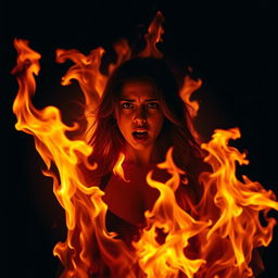 A woman engulfed in flames, with fire raging from the front and back, showcasing only a glimpse of her terrified face emerging through the inferno