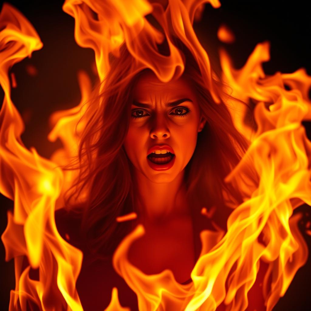 A woman engulfed in flames, with fire raging from the front and back, showcasing only a glimpse of her terrified face emerging through the inferno