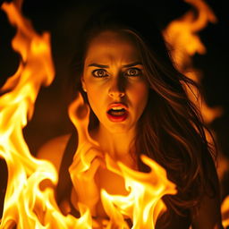 A woman engulfed in flames, with fire raging from the front and back, showcasing only a glimpse of her terrified face emerging through the inferno