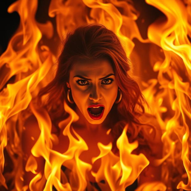 A woman engulfed in flames, with fire raging from the front and back, showcasing only a glimpse of her terrified face emerging through the inferno