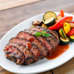 A beautifully plated gourmet steak cooked to perfection, served with grilled sliced mushrooms, roasted diced potatoes, grilled zucchini slices, and colorful bell peppers, all drizzled with a delicious sauce