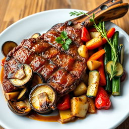 A beautifully plated gourmet steak cooked to perfection, served with grilled sliced mushrooms, roasted diced potatoes, grilled zucchini slices, and colorful bell peppers, all drizzled with a delicious sauce