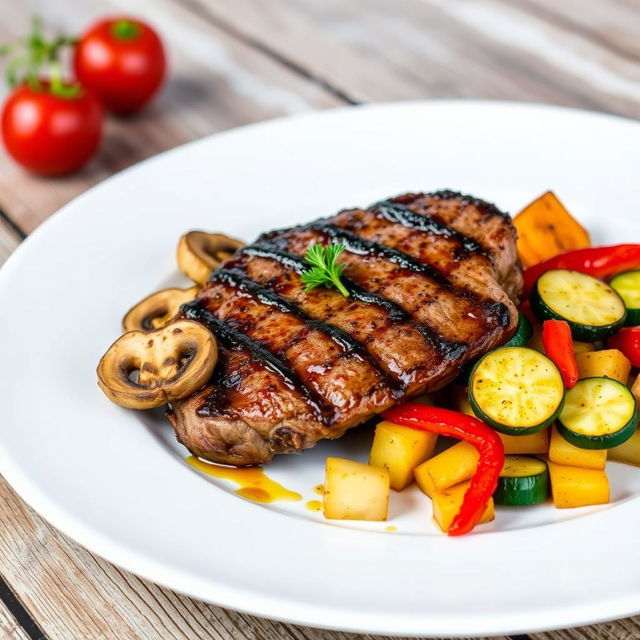 A beautifully plated gourmet steak cooked to perfection, served with grilled sliced mushrooms, roasted diced potatoes, grilled zucchini slices, and colorful bell peppers, all drizzled with a delicious sauce