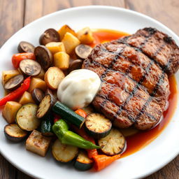 A beautifully plated gourmet steak cooked to perfection, served with grilled sliced mushrooms, roasted diced potatoes, grilled zucchini slices, and colorful bell peppers, all drizzled with a delicious sauce