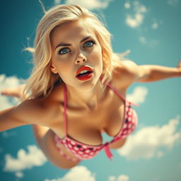 A sexy blonde woman in a stylish bikini, showcasing her striking blue eyes and vibrant red lips, captured in a dramatic moment as she appears to be falling from the sky