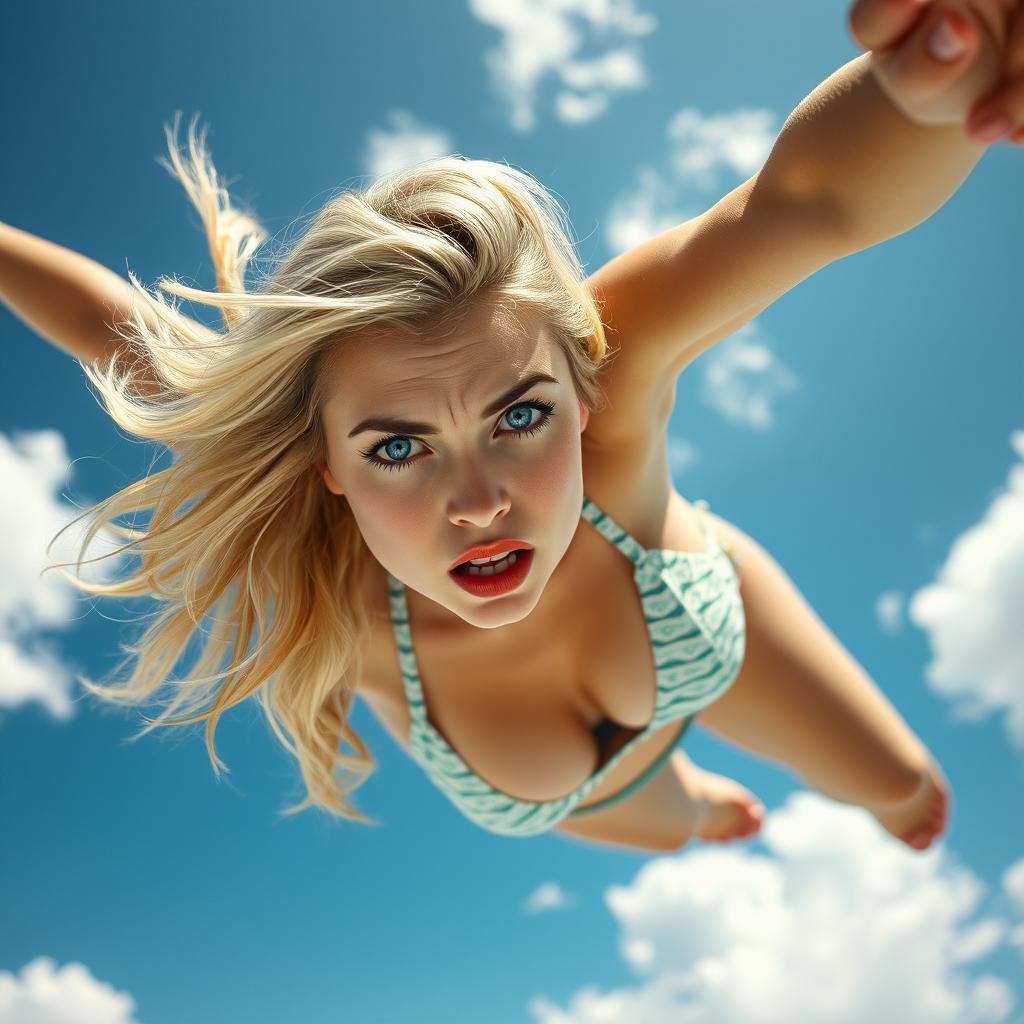 A sexy blonde woman in a stylish bikini, showcasing her striking blue eyes and vibrant red lips, captured in a dramatic moment as she appears to be falling from the sky