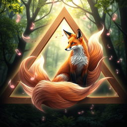 A beautifully designed triangle frame that features a mystical nine-tailed fox sitting gracefully inside it