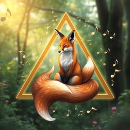 A beautifully designed triangle frame that features a mystical nine-tailed fox sitting gracefully inside it