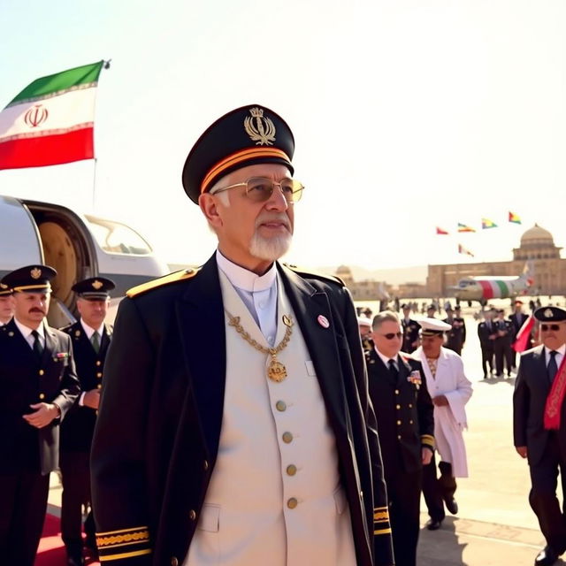 Mohammad Reza Shah at Yazd Airport, dressed in formal royal attire, standing next to a vintage aircraft, with a warm sunny sky in the background