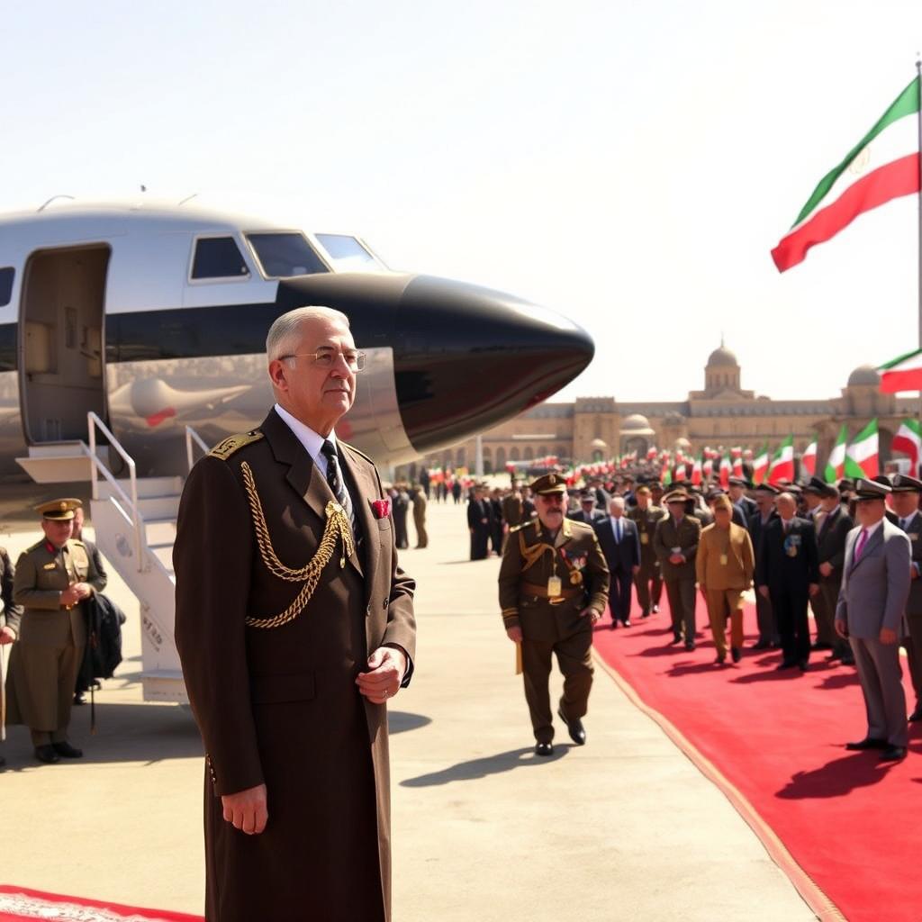 Mohammad Reza Shah at Yazd Airport, dressed in formal royal attire, standing next to a vintage aircraft, with a warm sunny sky in the background