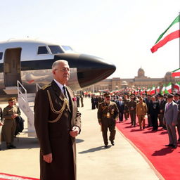 Mohammad Reza Shah at Yazd Airport, dressed in formal royal attire, standing next to a vintage aircraft, with a warm sunny sky in the background