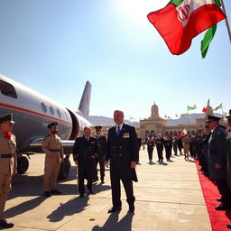 Mohammad Reza Shah at Yazd Airport, dressed in formal royal attire, standing next to a vintage aircraft, with a warm sunny sky in the background