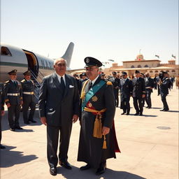 Mohammad Reza Shah at Yazd Airport, dressed in formal royal attire, standing next to a vintage aircraft, with a warm sunny sky in the background