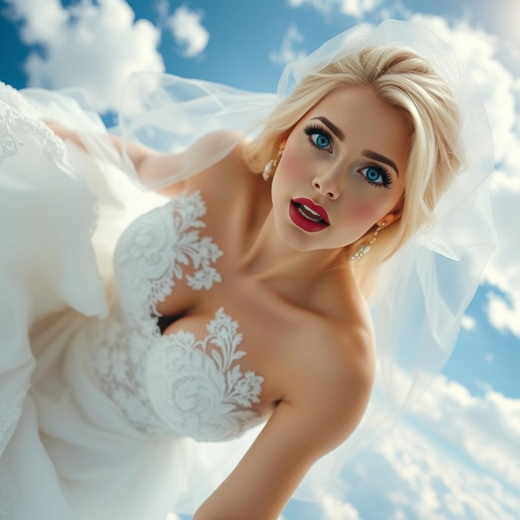 A sexy blonde woman wearing an elegant white wedding dress with intricate lace details and a flowing bridal veil
