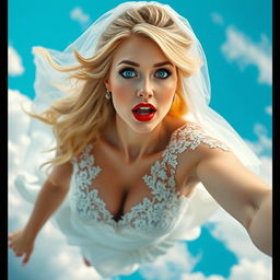 A sexy blonde woman wearing an elegant white wedding dress with intricate lace details and a flowing bridal veil