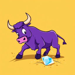 A vibrant purple bull energetically digging into the ground with its hooves, searching for a diamond