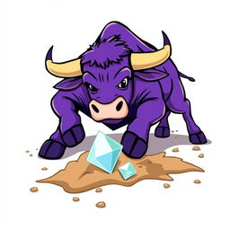 A vibrant purple bull energetically digging into the ground with its hooves, searching for a diamond