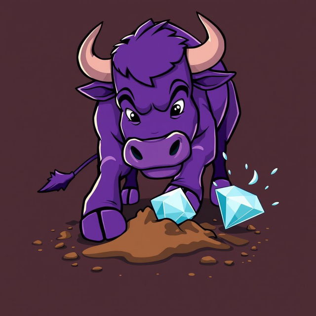 A vibrant purple bull energetically digging into the ground with its hooves, searching for a diamond