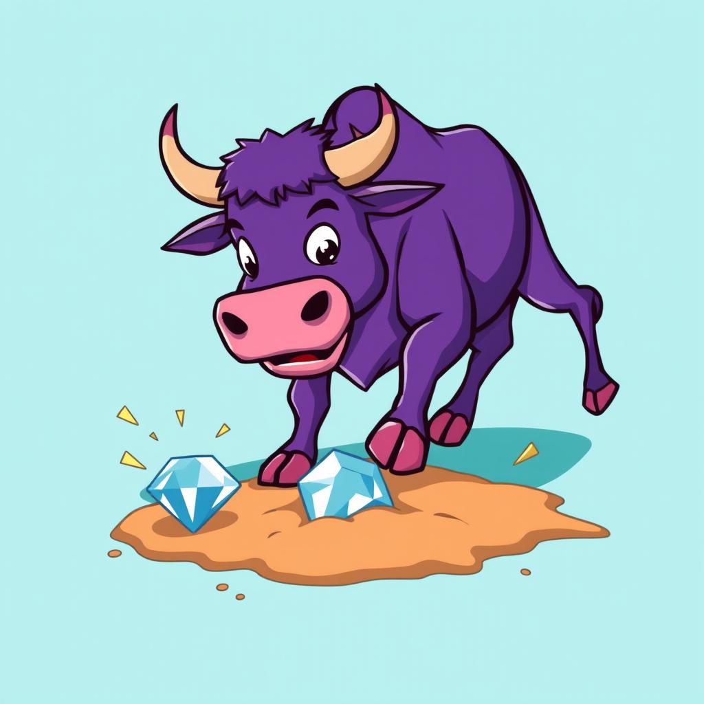 A vibrant purple bull energetically digging into the ground with its hooves, searching for a diamond