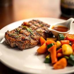A beautifully plated dish featuring a juicy steak cooked to perfection, garnished with fresh herbs