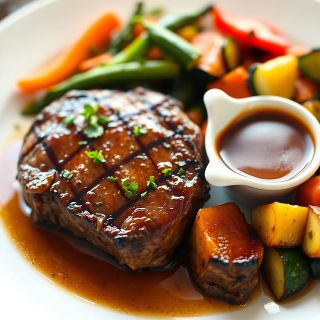 A beautifully plated dish featuring a juicy steak cooked to perfection, garnished with fresh herbs