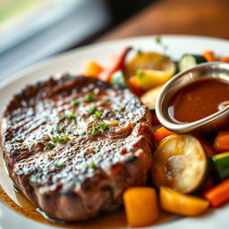 A beautifully plated dish featuring a juicy steak cooked to perfection, garnished with fresh herbs