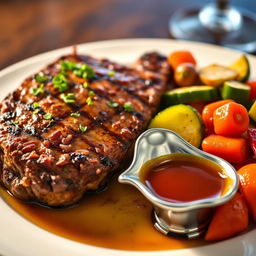 A beautifully plated dish featuring a juicy steak cooked to perfection, garnished with fresh herbs
