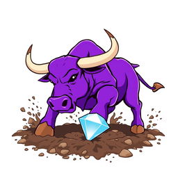 A vibrant purple bull energetically digging into the ground with its powerful hooves, showcasing determination and strength