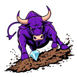 A vibrant purple bull energetically digging into the ground with its powerful hooves, showcasing determination and strength
