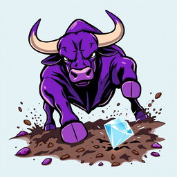 A vibrant purple bull energetically digging into the ground with its powerful hooves, showcasing determination and strength