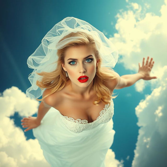 A beautiful sexy blonde woman in a stunning wedding dress, complete with a delicate bridal veil