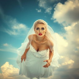 A beautiful sexy blonde woman in a stunning wedding dress, complete with a delicate bridal veil