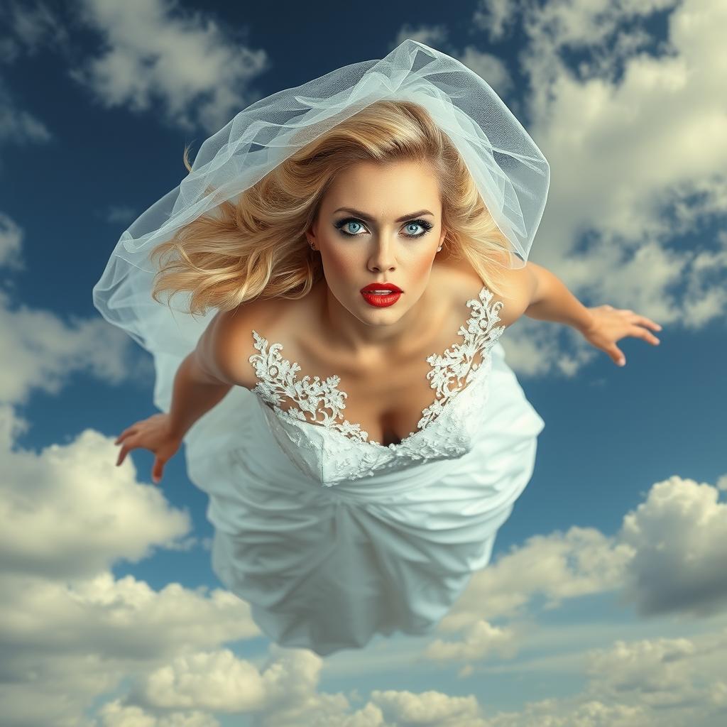 A beautiful sexy blonde woman in a stunning wedding dress, complete with a delicate bridal veil