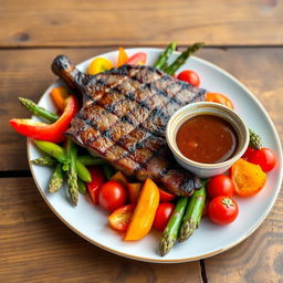 A beautifully arranged plate featuring a succulent steak cooked to perfection, surrounded by colorful, fresh vegetables such as bell peppers, asparagus, and cherry tomatoes
