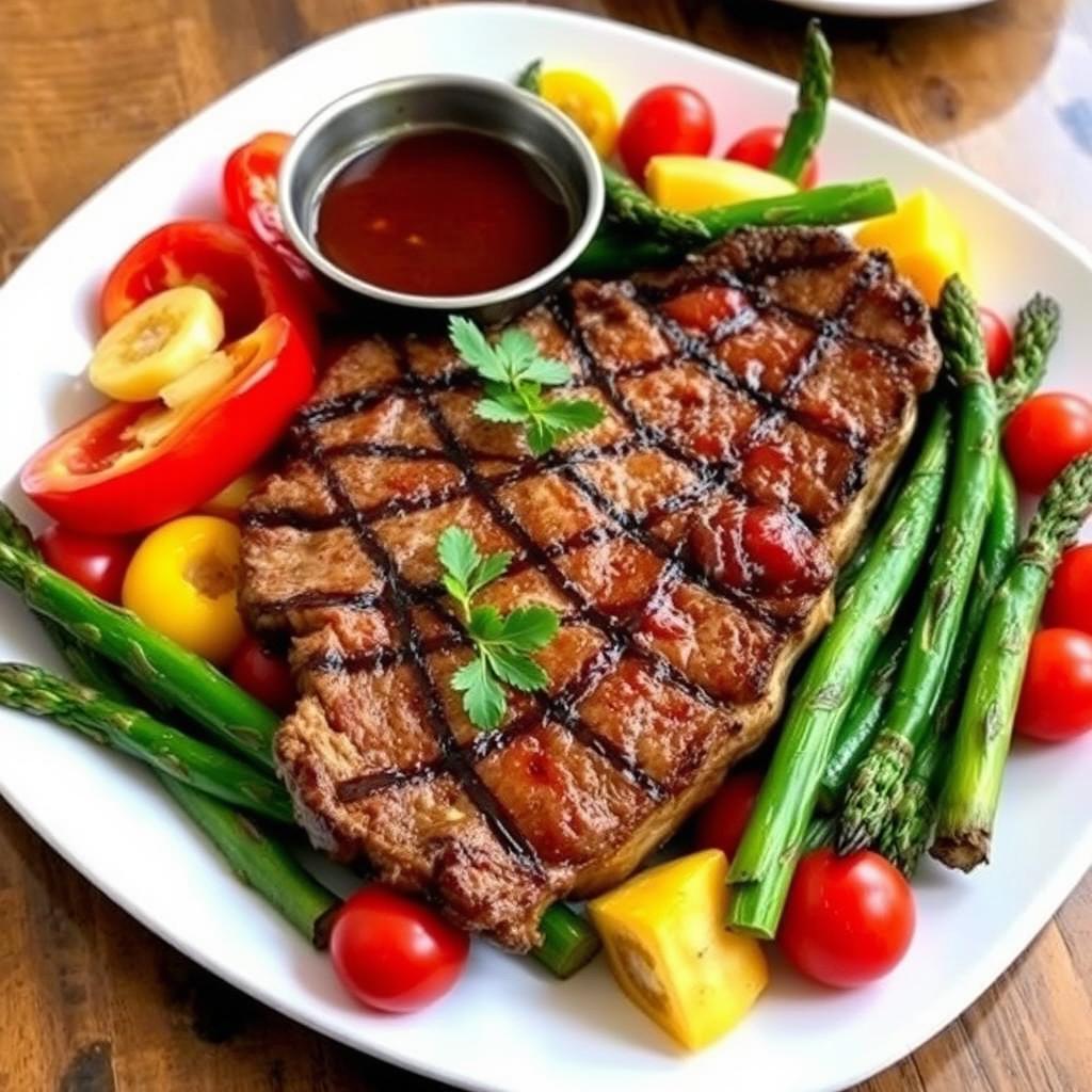 A beautifully arranged plate featuring a succulent steak cooked to perfection, surrounded by colorful, fresh vegetables such as bell peppers, asparagus, and cherry tomatoes