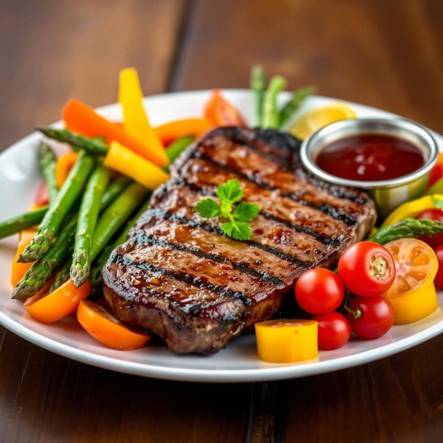 A beautifully arranged plate featuring a succulent steak cooked to perfection, surrounded by colorful, fresh vegetables such as bell peppers, asparagus, and cherry tomatoes